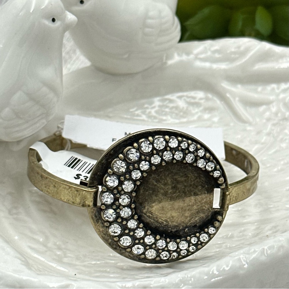 Anthropologie Moon Rhinestone Burnished Gold Tone Hook Bangle Bracelet